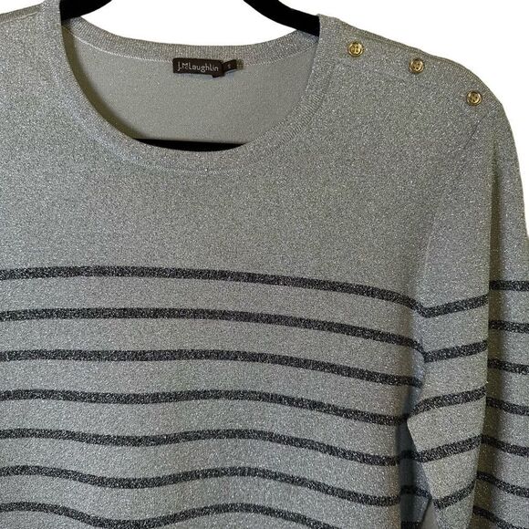 J. Mclaughlin- Silver & Black Metallic Striped Knit Stretch Button Collar Top, S - Picture 3 of 6